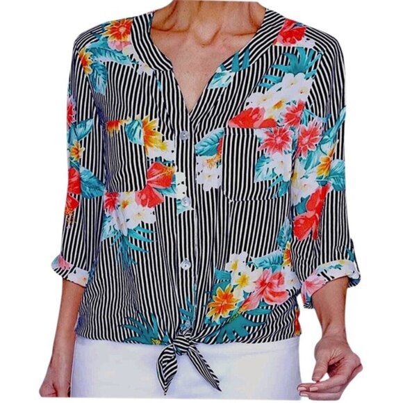 Ruby Rd. Tops - Ruby Rd Tie Up Top High Low 3/4 Sleeve Tropical Black White Stripe Petite Large